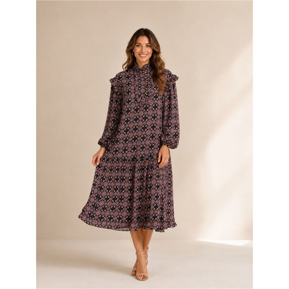 Zimmermann Floral Print Boho Midi Dress Ruffle Neck Long Sleeve Size M